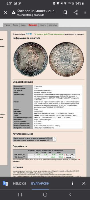 25 шилинга,колекционерска,сребърна монета от 1956 г,В.Амадеус Моцарт