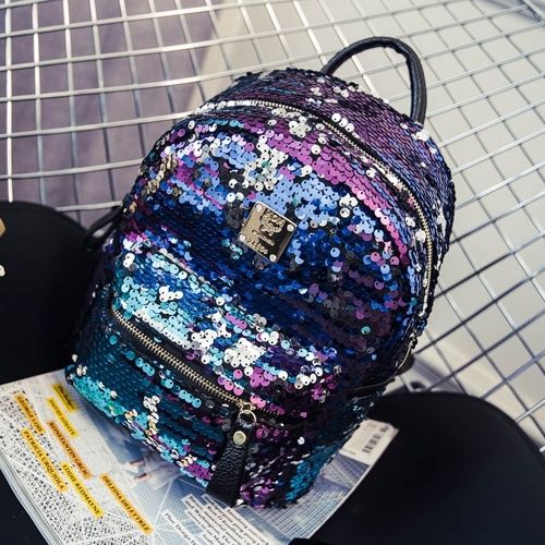 Уникална компактна чантичка с лилави и бели пайети