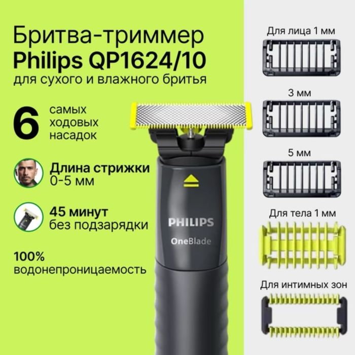 Триммер Philips OneBlade QP1624/10 Триммер для Лица и Тела