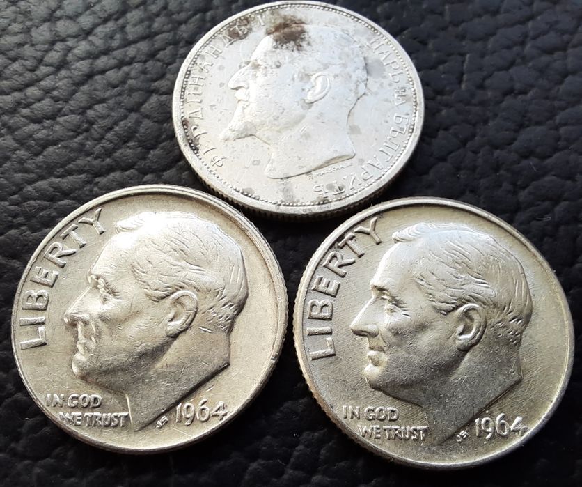 Стари сребърни монети даймове 1964 г.  САЩ  и 50 ст. 1913 г. БГ - топ