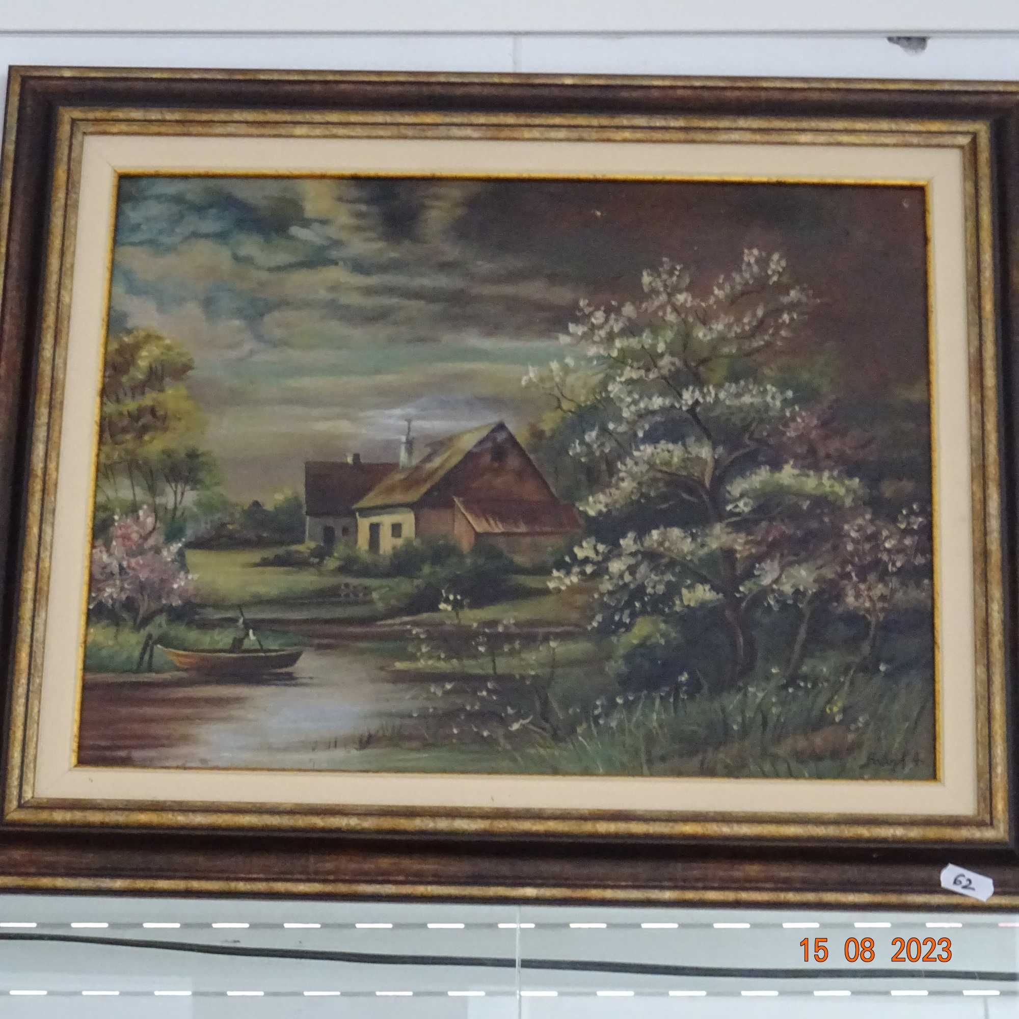 "Barca pe lac", tablou vechi, ulei/carton, 55x45 cm