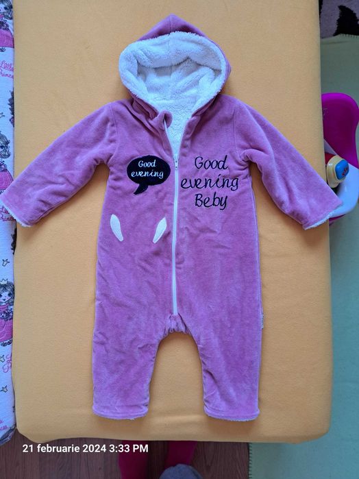Combinezon bumbac catifelat mov pentru bebe 3-6 luni