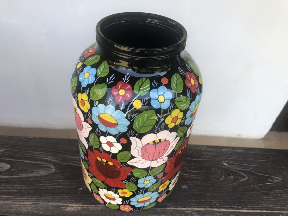 Vaza,borcan rustic din sticla finlandez,pictat cu flori