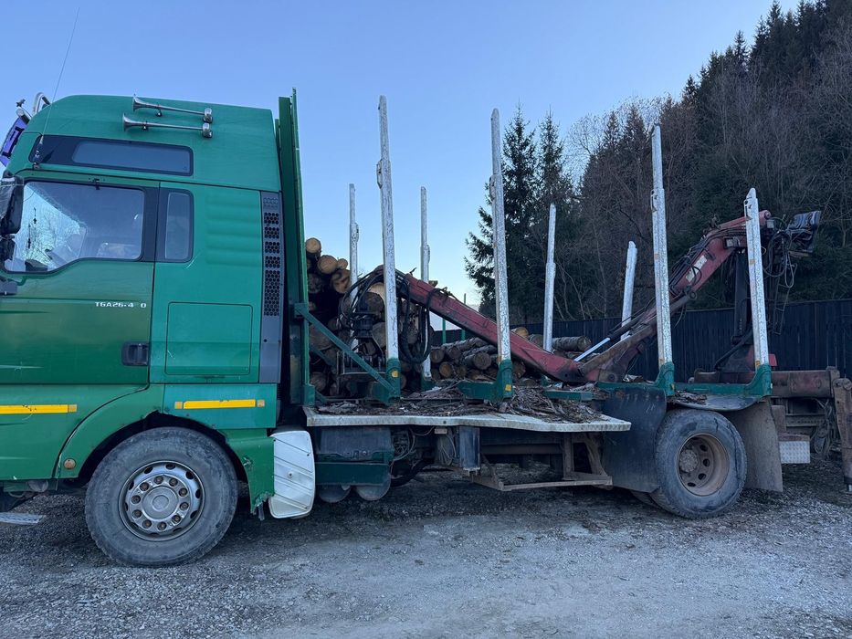 Man transport bușteni cu macara și remorca si schimb Bascula 3,5 tone