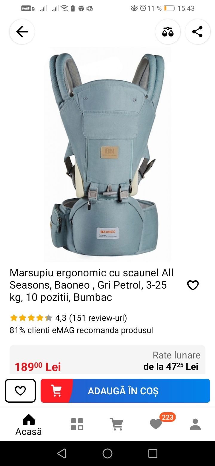 Marsupiu ergonomic 10 poziții