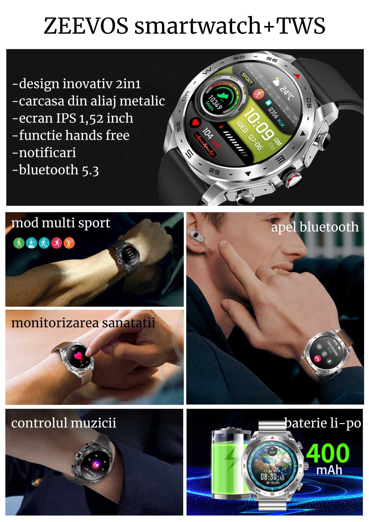 Smartwatch ZEEVOS t95 2in 1 cu casti bluetooth incorporate