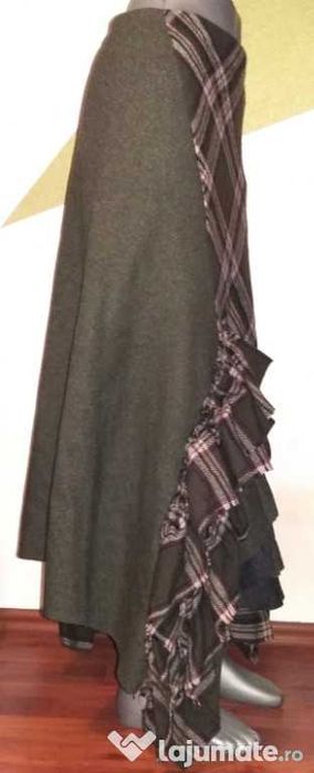 Fusta PatchWork superba lana kaki cadrilata franjurata asimetrica