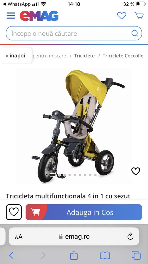 Tricicleta multifunctionala 4 in 1, Coccolle Velo