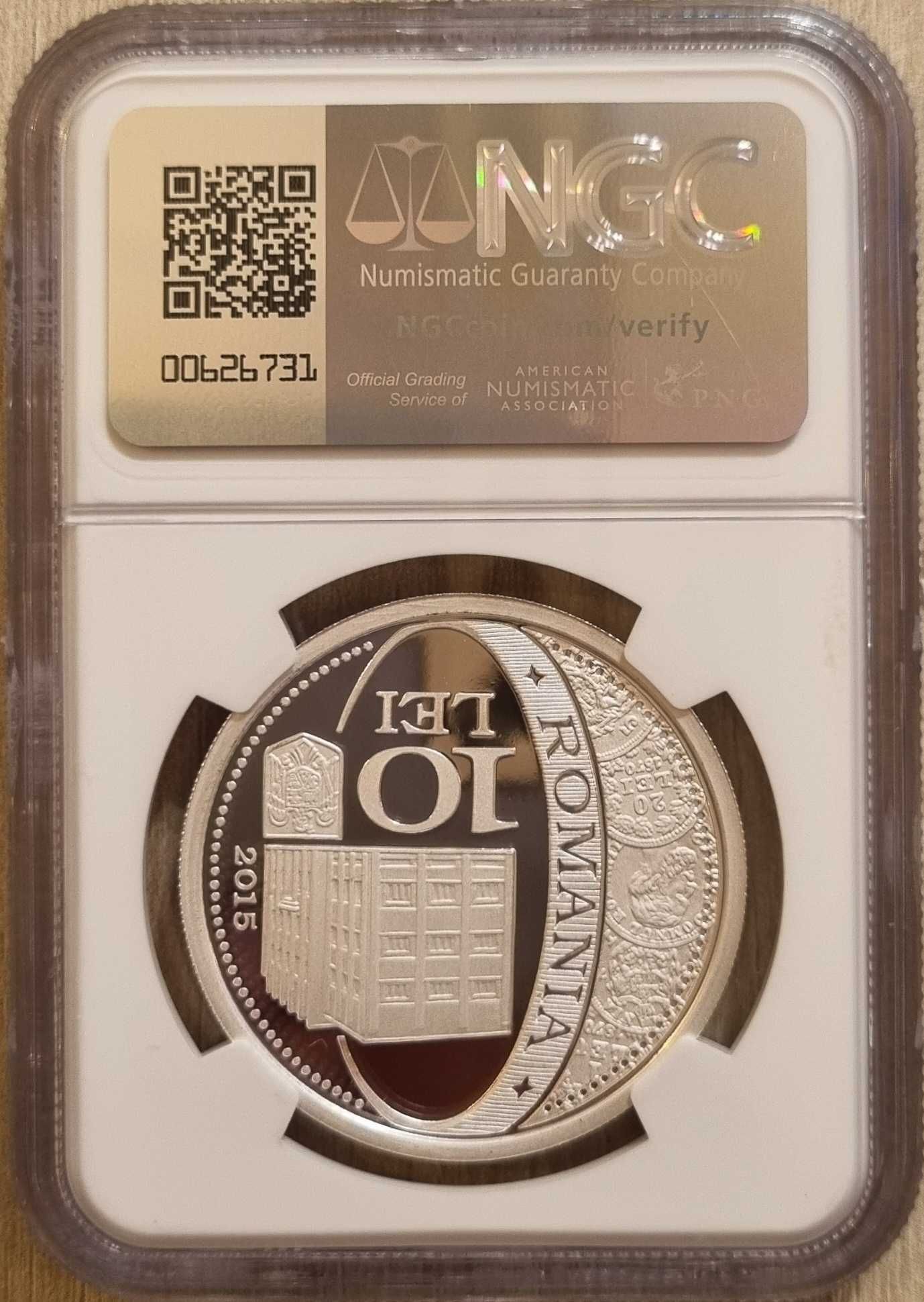 Moneda BNR 10 lei argint 145 ani Monetaria Statului gradata NGC PF 69