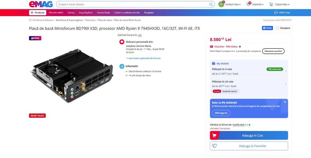 Placă de bază Minisforum BD790I X3D, procesor AMD Ryzen 9 7945HX3D