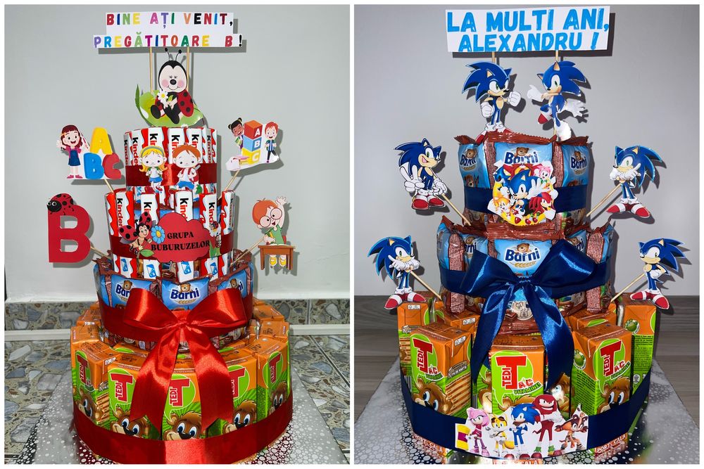 Tort din dulciuri ambalate, cu sucuri, Tedi, Barni, Kinder la alegere