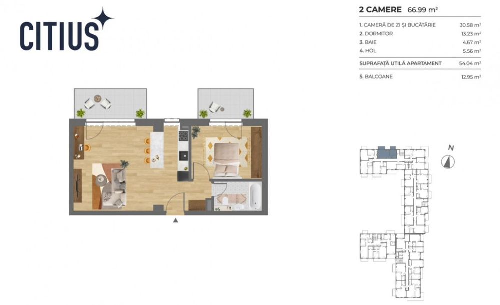 Apartament 2 camere, 67 mp total, 2 balcoane, semifinisat, str. Corne