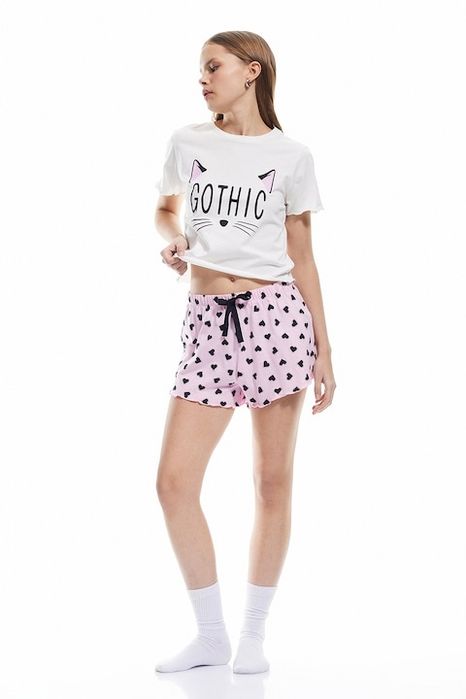 Pijama cu model si pantaloni scurti, Alb, Roz deschis, XL KOTON