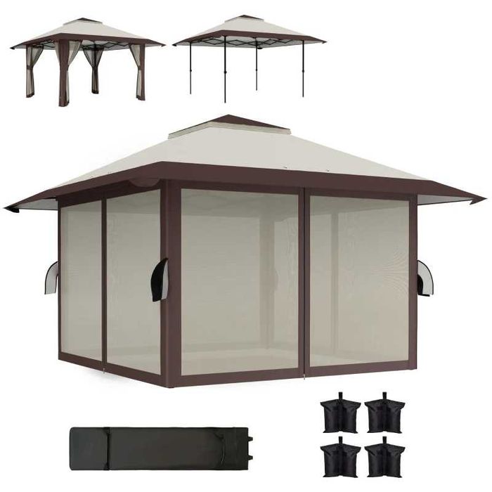 Градинска беседка Outsunny 4 x 4 м,  с мрежести стени, UPF 50+ защита