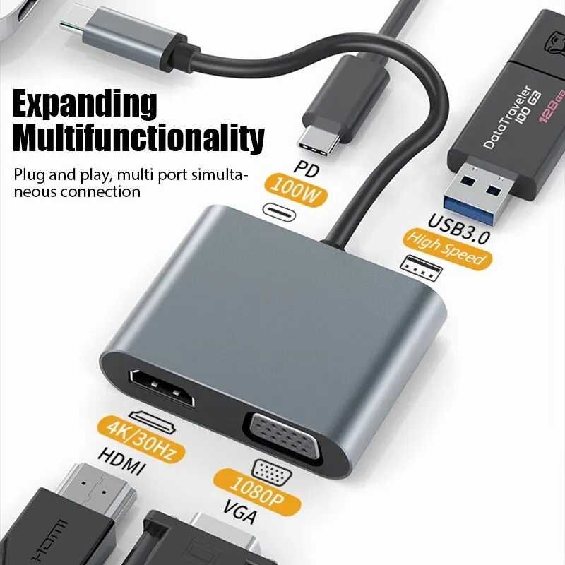 USB-C hub към VGA, HDMI 4K, PD, USB 3.0 за лаптоп, смартфон и таблет