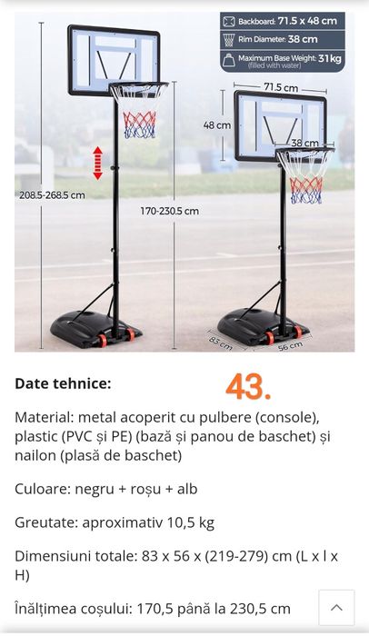coș de baschet, mobil, H:219-279cm