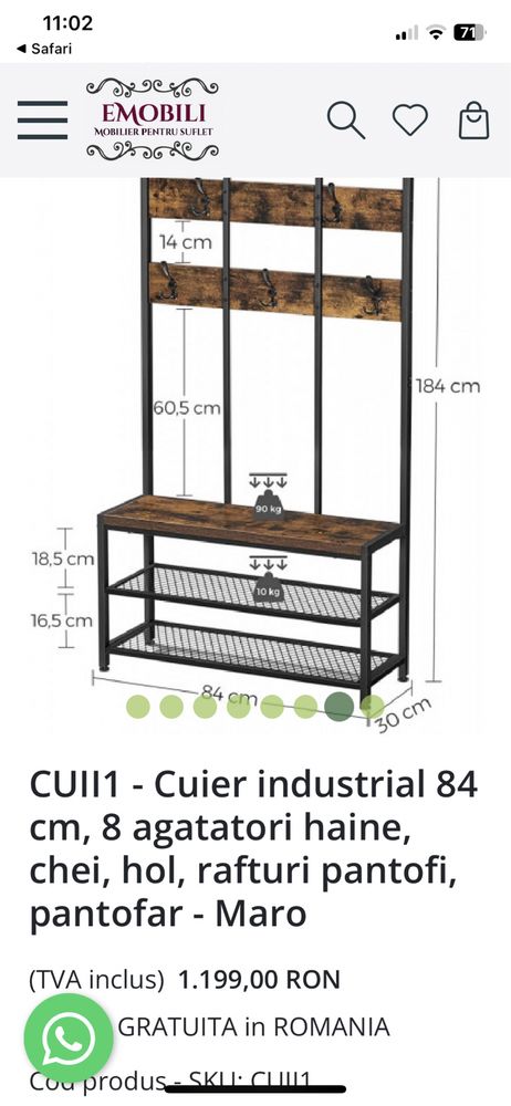 Cuier/pantofar , cu 8 carlige duble si banca pentru pantofi