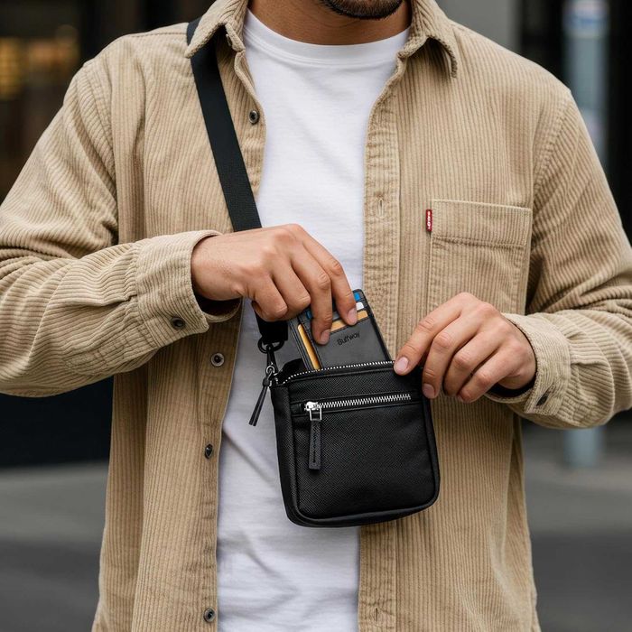 Portofel Slim Buffway, piele, minimalist, RFID blocker, sigilat/cutie