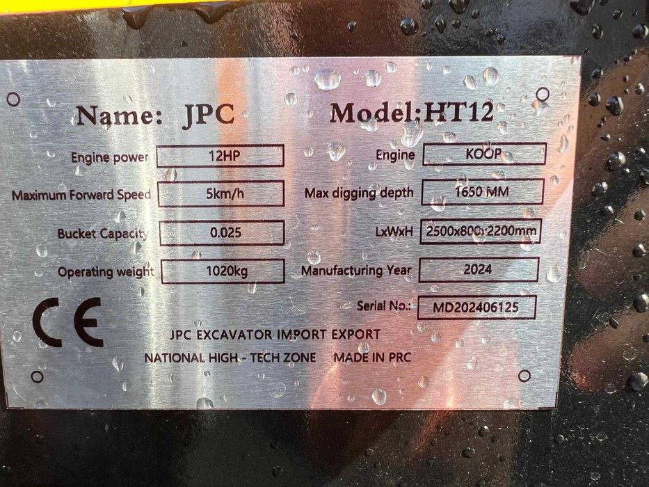 Mini excavator JPC  - 12 Hp , 1 Tona  (Nou) + Video