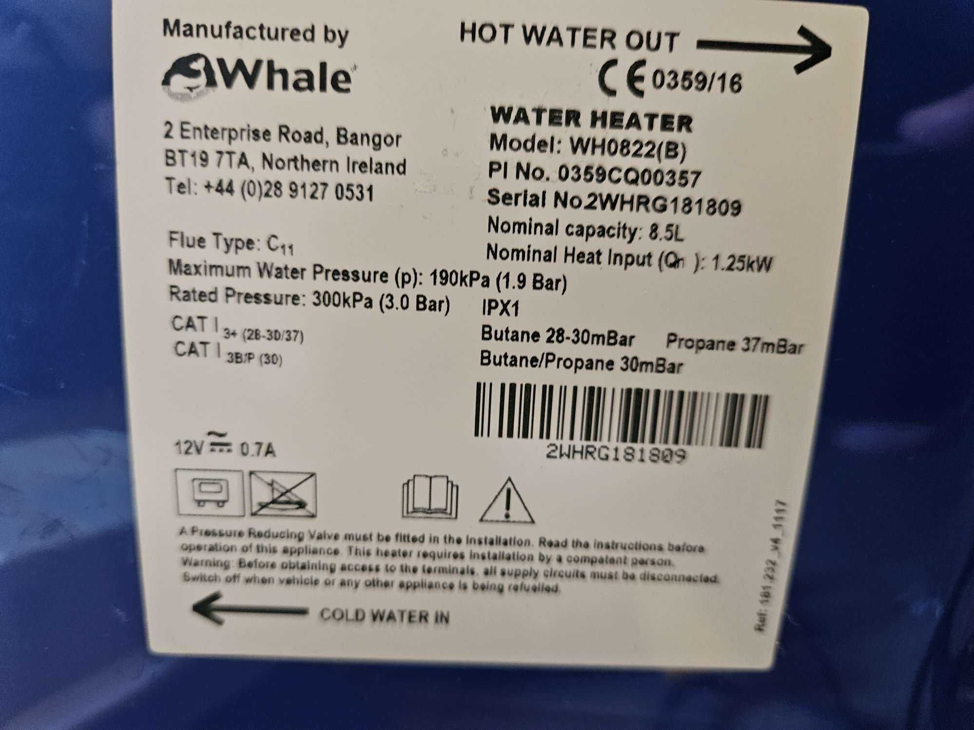 Whale caravana boiler rulota WH0822 camping