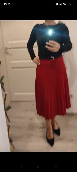 Fustiță midi plisată, Roșu purpuriu, bandă lată pe talie