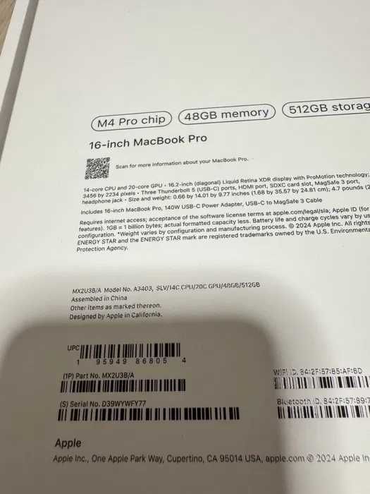ЧИСТО НОВ MacBook Pro 16" M4 Pro Chip: 14 CPU, 20 GPU, 48RAM, 512 SSD