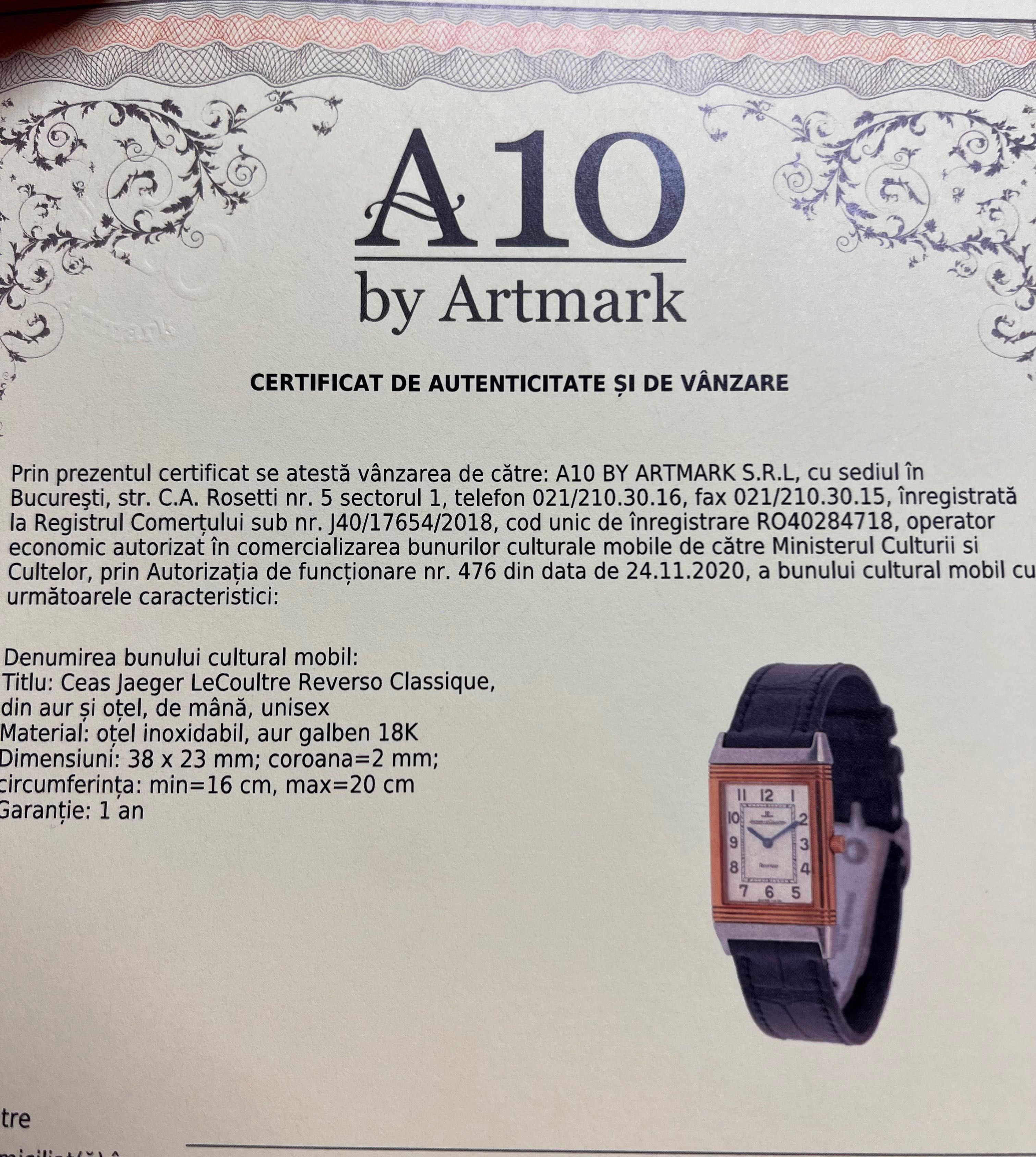 Jaeger LeCoultre Reverso Classique, Aur-oțel cu certificat aut.