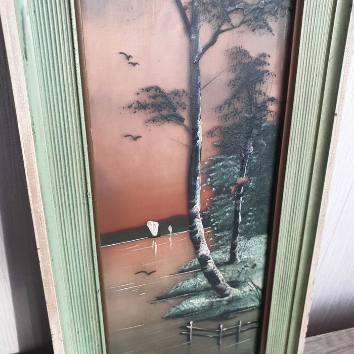 Стари малки картини „Езерен пейзаж“, рисувани върху стъкло