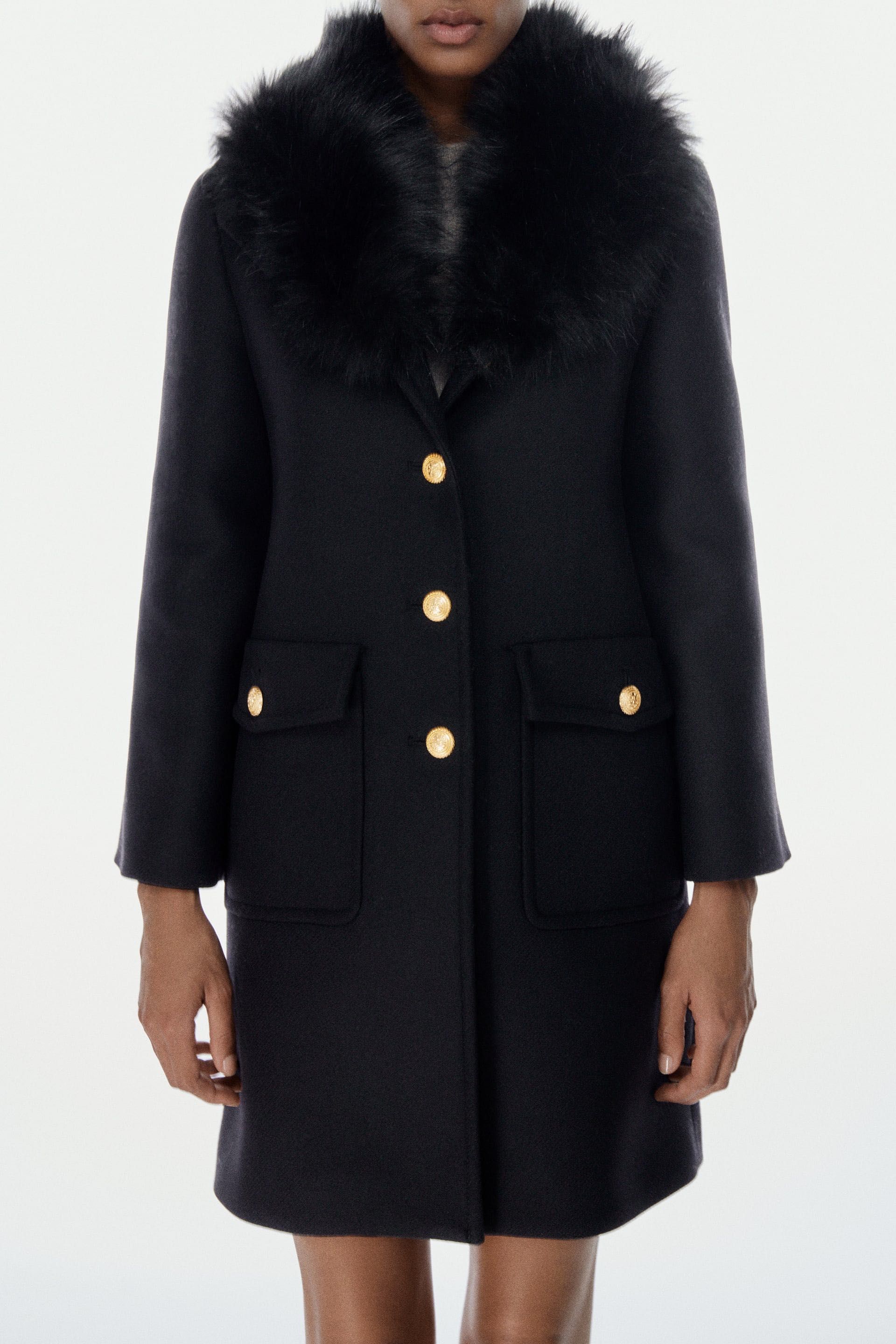 Palton Zara Manteco negru blanita butoni aurii lana colectie noua