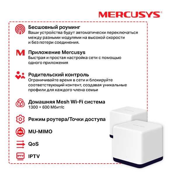 Mercusys Halo H50G
AC1900 Домашняя Mesh Wi-Fi система