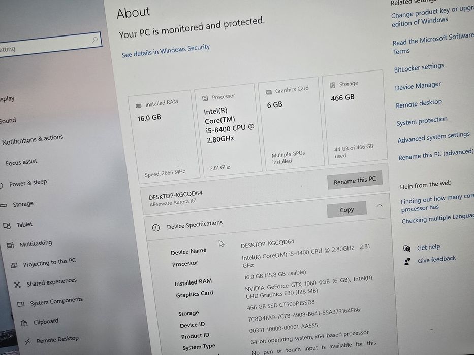 Unitate gaming Alienware Aurora R7 I5 gen 8 Video Gtx 1060 6gb 16GB