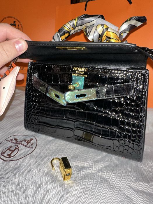 Geanta Hermes Kelly 19cm black piele croco