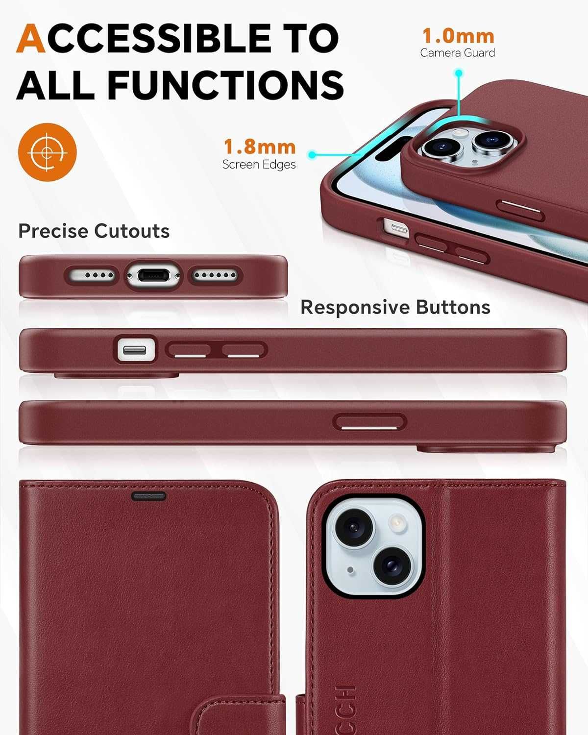 Калъф TUCCH за iPhone 15 Plus (6,7") 2023 г., тъмно червен