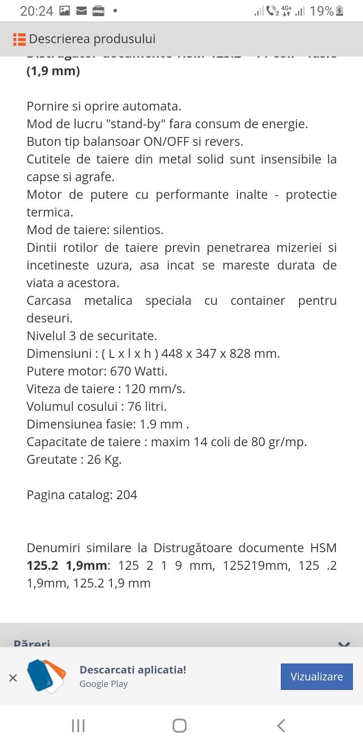 Distrugator HSM 125,2 1,9 mm tocător  hârtie pana la 14 coli instanti