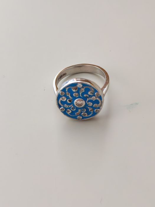 Inel Platină Handmade cu Email Albastru -Nou