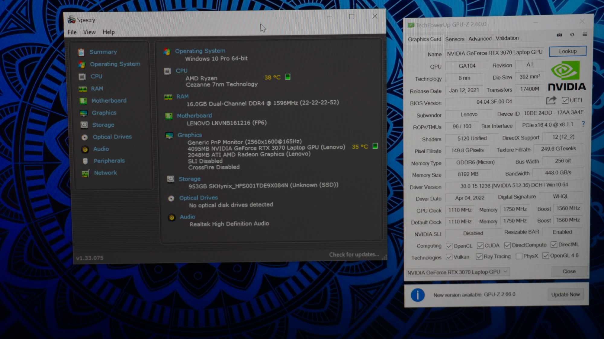 Laptop Gaming Lenovo Legion 5 PRO Ryzen 7 5800 RTX 3070 165Hz WQHD 16g