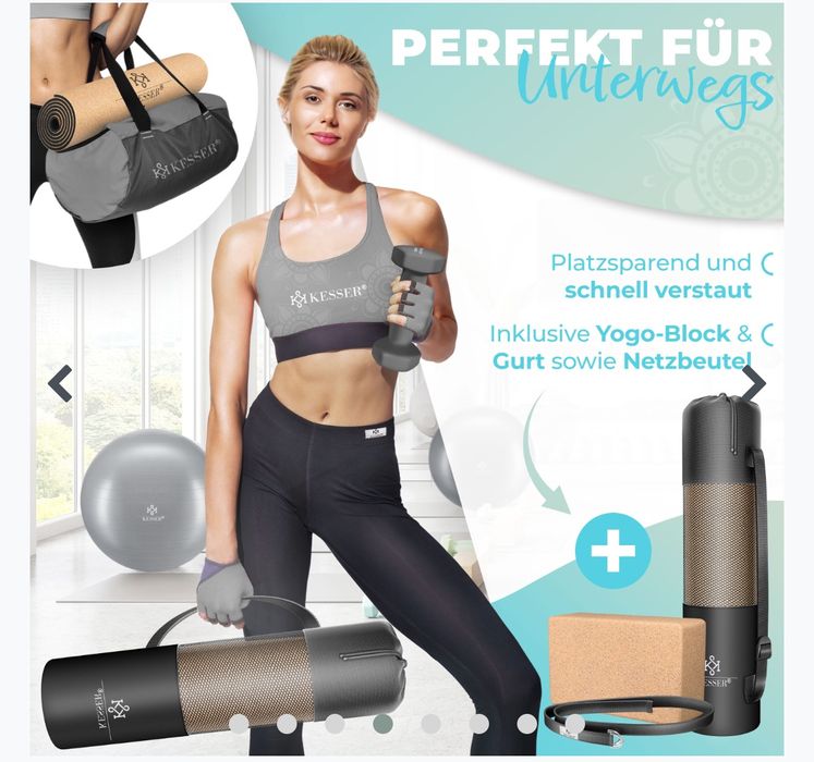 Коркова постелка за йога 183 х 62 см с блок и каишка , не плъзгаща