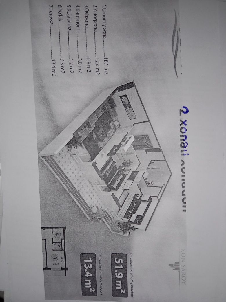 2 xonali uy sotiladi Xonsaroy Okean loyixasidan