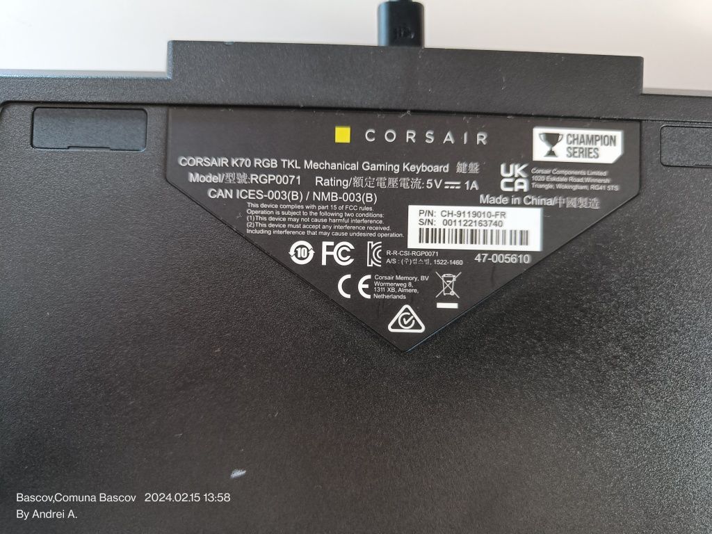 Tastatura mecanica Corsair K70 RGB TKL ( Razer, Logitech, Zowie)