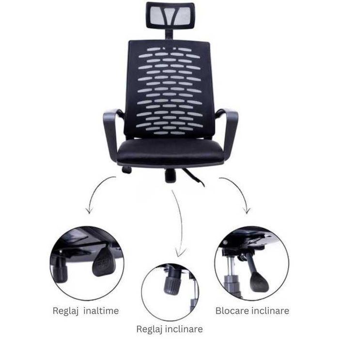 Scaun birou ergonomic cu tetiera, reglabil pe inaltime si inclinare