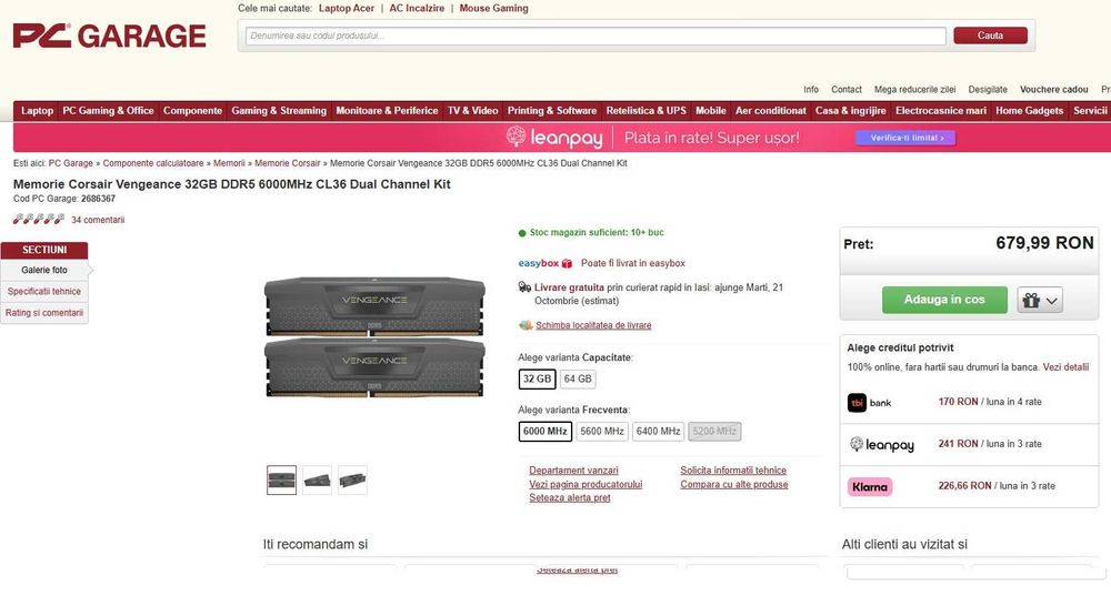 Memorie Corsair Vengeance 32GB DDR5 6000MHz kit , sigilate noi