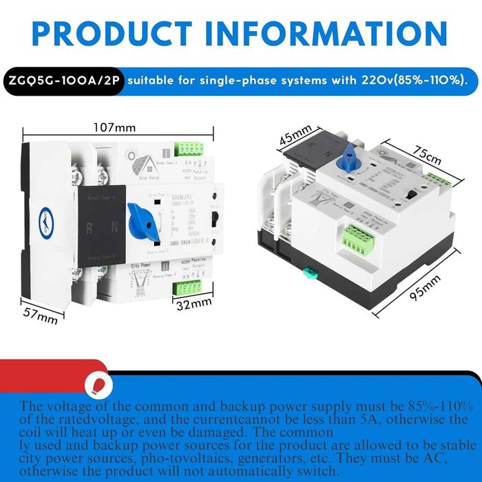 Comutator de transfer automat,ATS fotovoltaic,100A/2P,220V