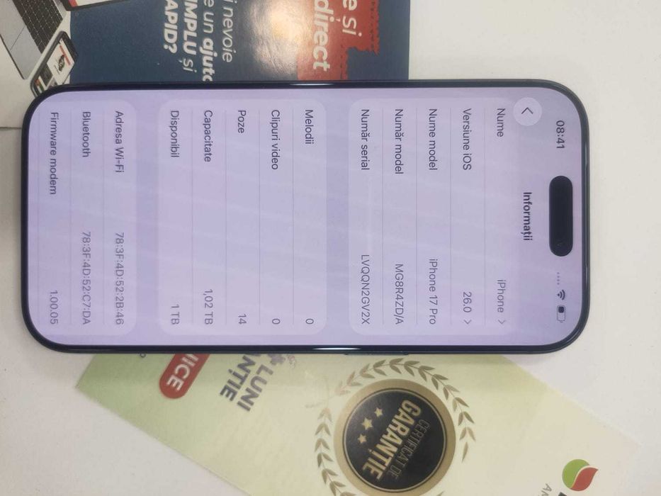 Iphone 17 Pro 1TB 100% bateria/ nefolosit (Ag27 Gara 2) Garantie 2 ani