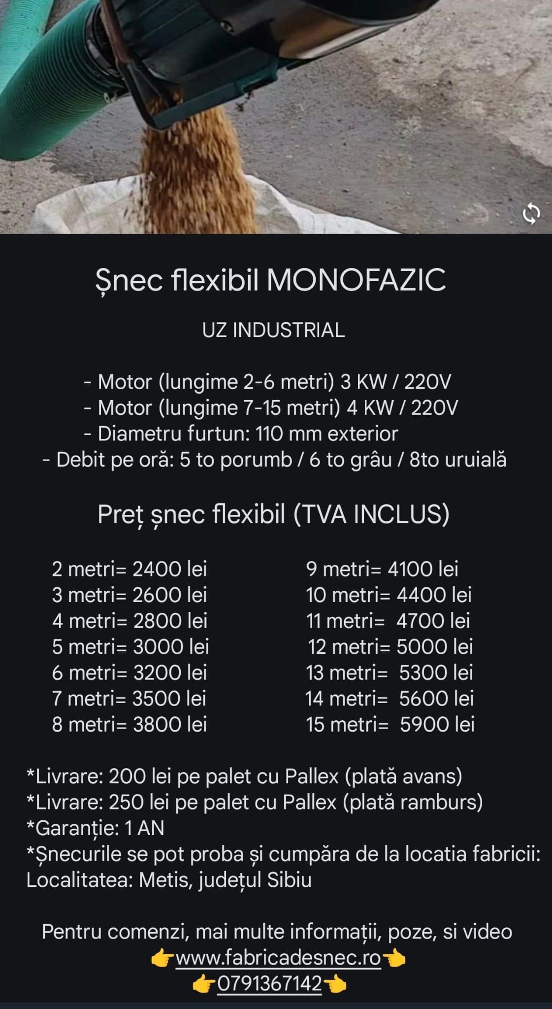Snec pe furtun flexibil pentru transport porumb rumeguș furaje granule
