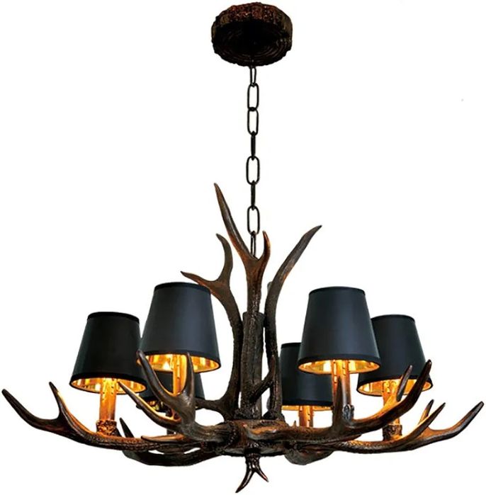 Полилей еленов рог(смола)черен и 6 абажура, 6×Е14