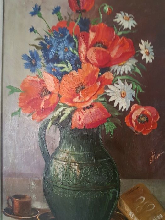 "Viața mea=flori, kent și-o cafea", tablou, ulei, Flesaru, cu ramă