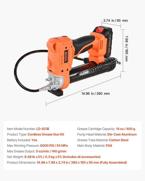 НЕМСКИ Акумулаторен пистолет за гресиране 20V + ЛЕД ФЕНЕР