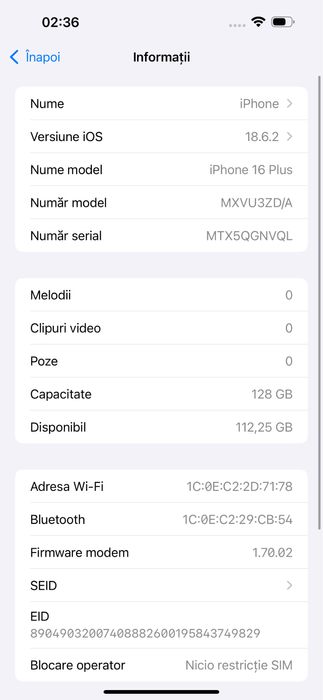iPhone 16 Plus – 128 GB de vânzare utilizat aspect 7/10 94% baterie