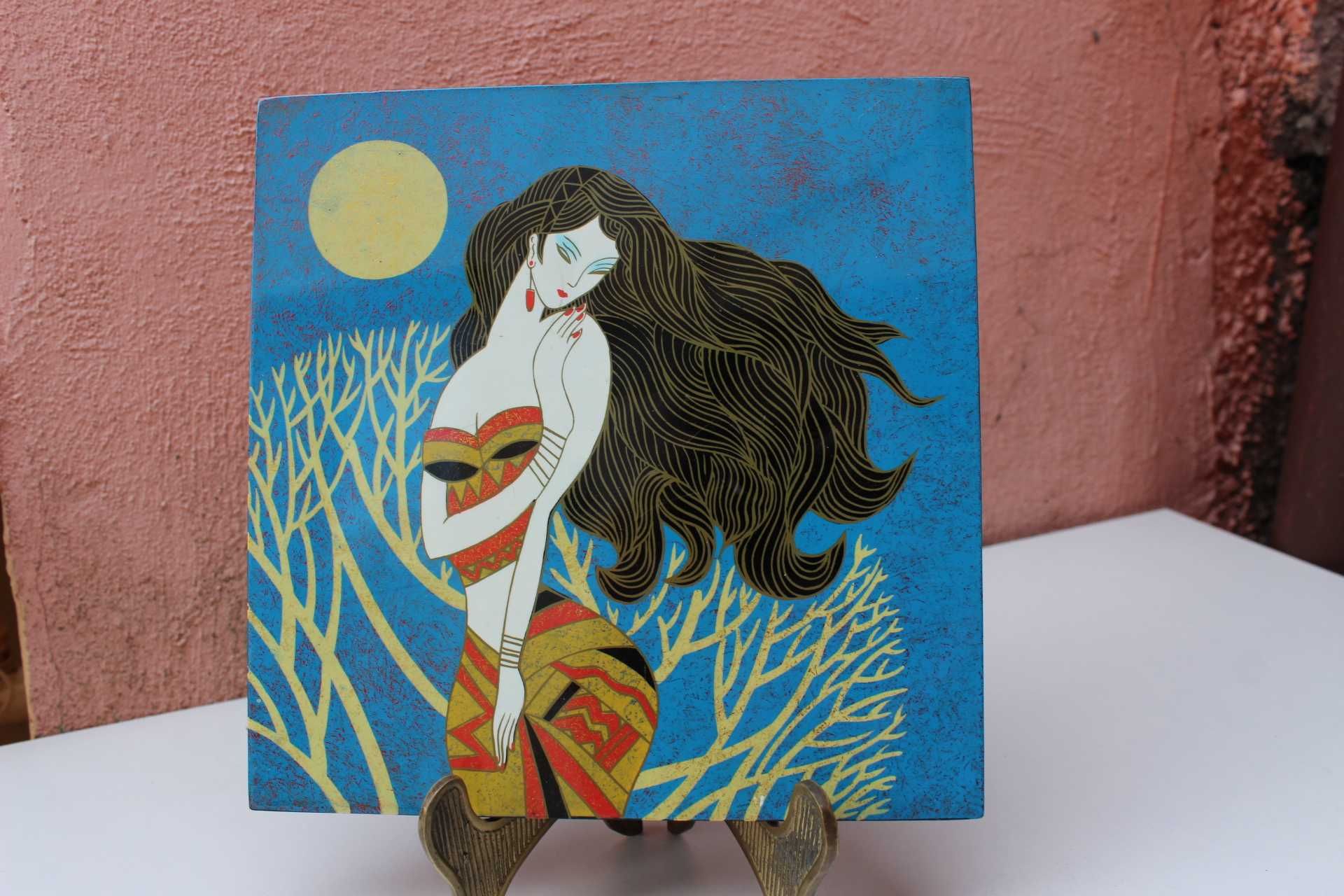 Placa lemn cu lac / pictura LAQUER Asia - China, pictata manual