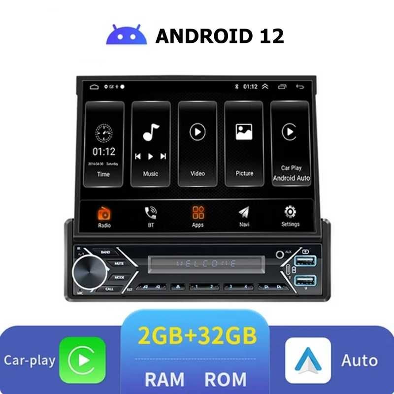 7" 1-DIN мултимедия с Android 12 и изваждащ се дисплей, 32GB, RAM 2GB